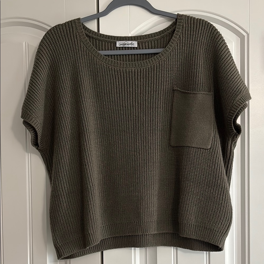 Olive Green Knit Sweater with Pocket